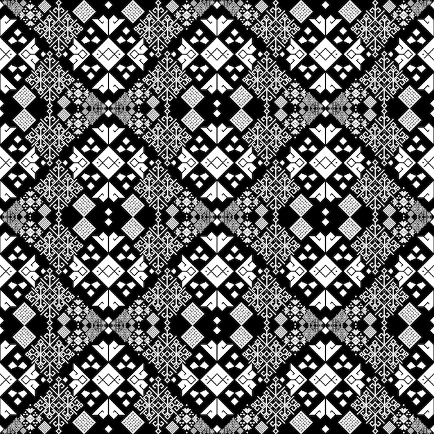 Seamless tribal fabric pattern black and white background used to design fabrics for making clothes