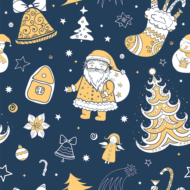 Seamless tricolor christmas pattern of santa claus and christmas attributes.