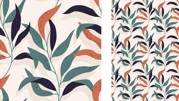 A  seamless tropical abstract pattern with branch of leaves on beige background