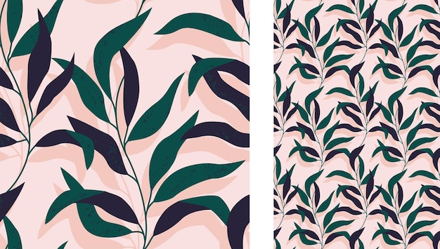 A  seamless tropical abstract pattern with branch of leaves on light pink background