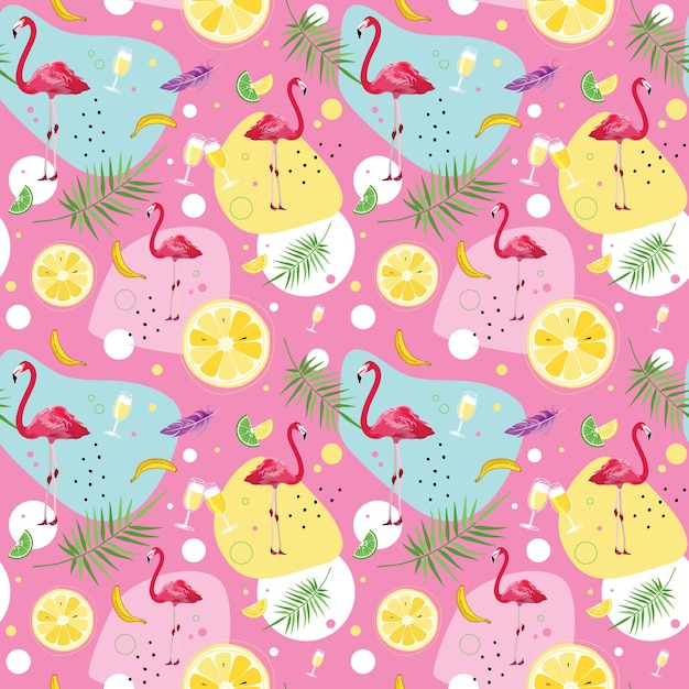 Vector seamless tropical background pattern nature summer flamingo pink champagne banana lemon lime yellow