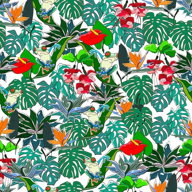 Seamless tropical background with banana and monstera leaves and tropical flowers jungle pattern for textile or book covers manufacturing wallpapers print gift wrap and scrapbooking