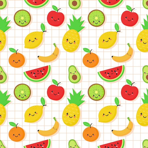 Seamless tropical fruit pattern in kawaii style