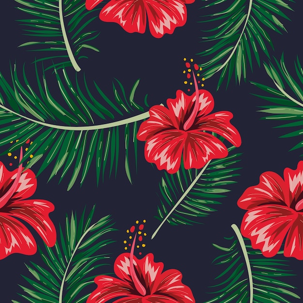 Vector seamless tropical leaf and flower pattern.