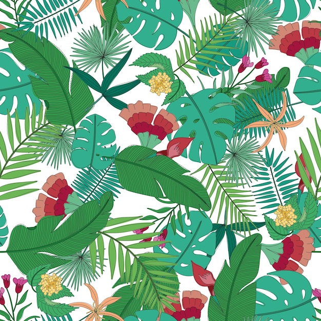 Seamless tropical leaves pattern monstera flowers