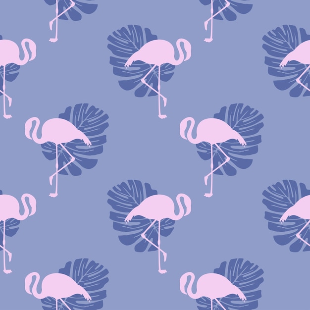 Seamless tropical pastel pattern with pink flamingo silhouettes and monstera leaves