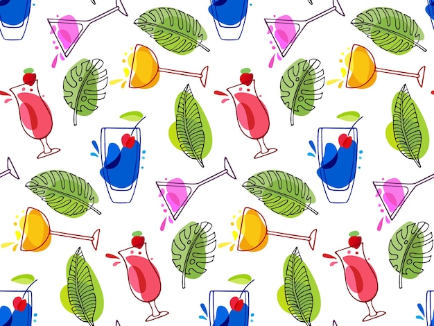 Vector seamless tropical pattern tasty cocktails and tropical leaves various colored drinks bright drinks