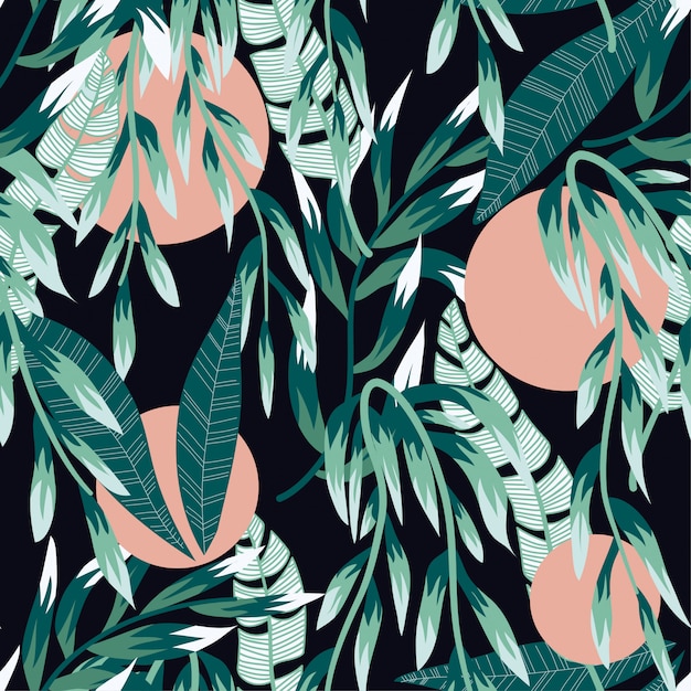 Seamless tropical pattern with bright leaves, flowers and plants