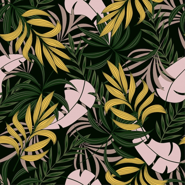 Vector seamless tropical pattern with bright yellow and green plants