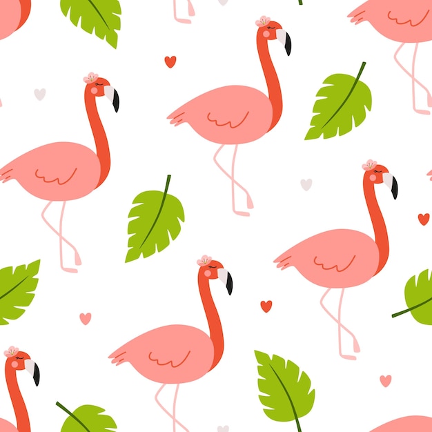 Seamless tropical pattern with cute baby flamingo and leaves vector illustration