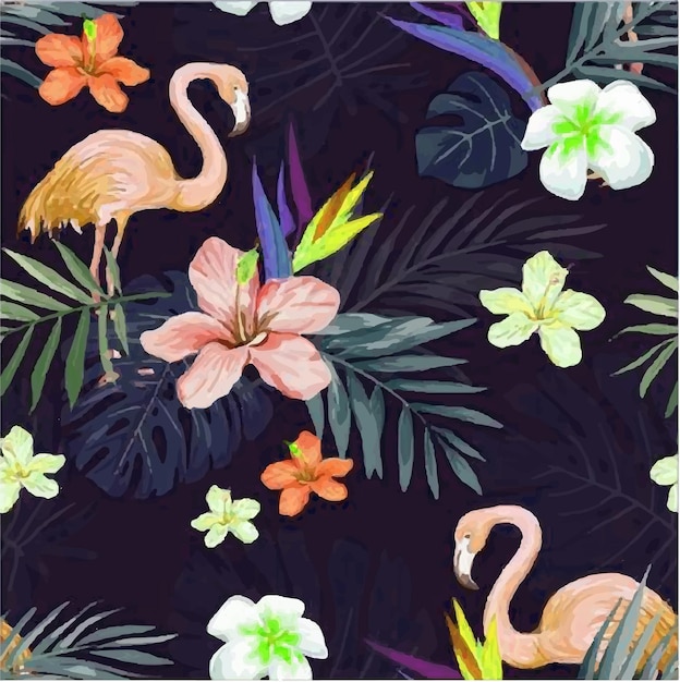 Seamless tropical pattern with flamingo hibiscus flowers and palm leaves