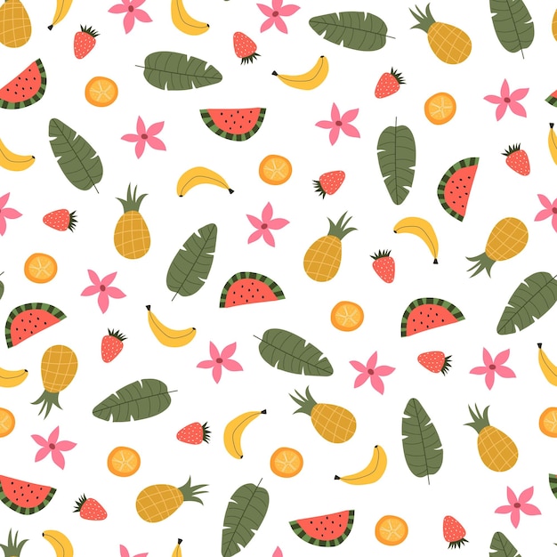 Vector seamless tropical pattern with leaves fruits