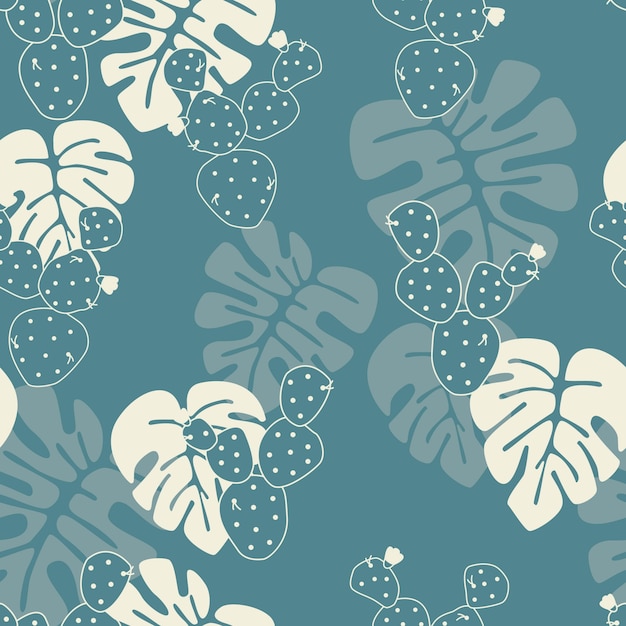 Vector seamless tropical pattern with monstera palm leaves, and cactus on blue background