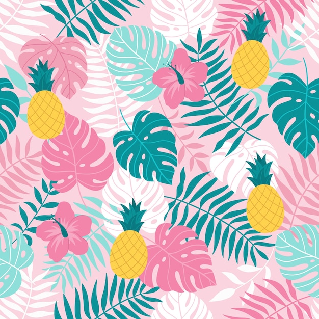Vector seamless tropical pattern with monstera and palm leaves hibiscus flower pineapple