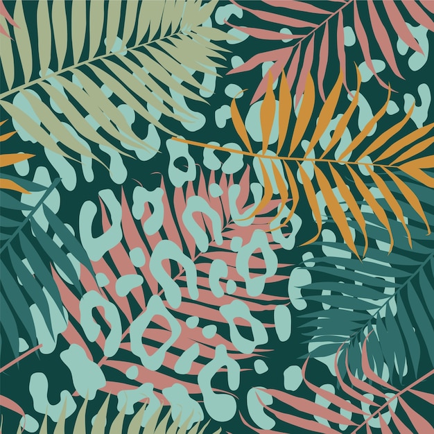Vettore seamless pattern tropicale con rami di palma e stampa leopardata