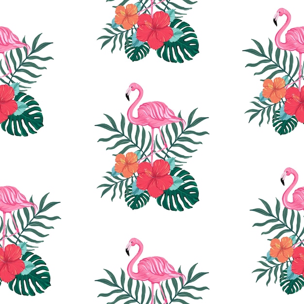 seamless tropical summer pattern with Hibiscus flower and  flamingo birds