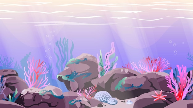 Беспрепятственный подводный фон океанское дно с камнями кораллы водоросли и моллюски вектор