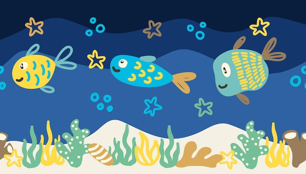 seamless underwater border pattern with cute fish and sea elements
