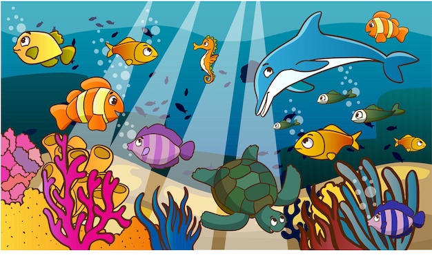 Vector seamless underwater landscape in cartoon style. vector illustration