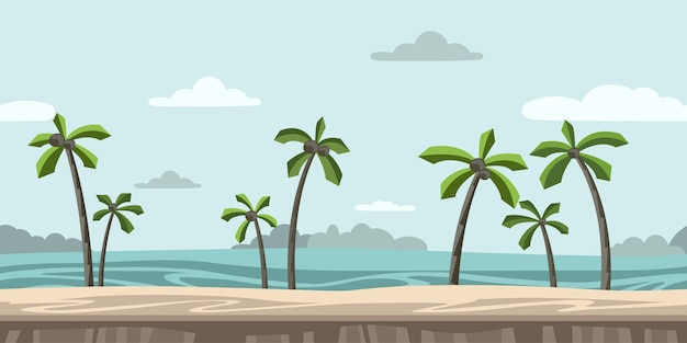 Seamless unending background for arcade game or animation. Sandy beach with palm trees and clouds in the blue sky.