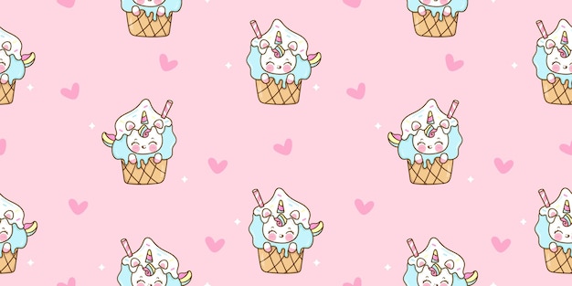 Seamless unicorn cartoon with sweet ice cream cone kawaii animal pattern