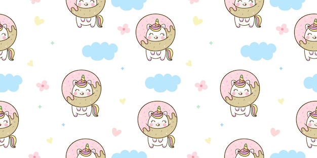 Cartone animato modello unicorno senza soluzione di continuità con ciambella dolce kawaii animal