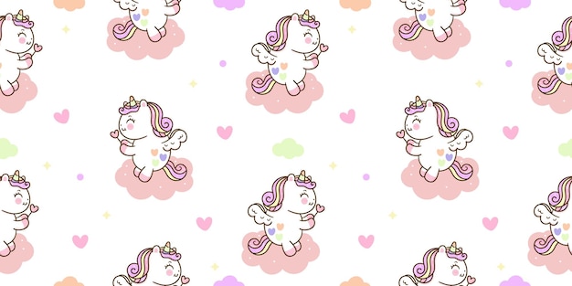 Modello unicorno senza cuciture con bacchetta magica su dolce nuvola kawaii animal