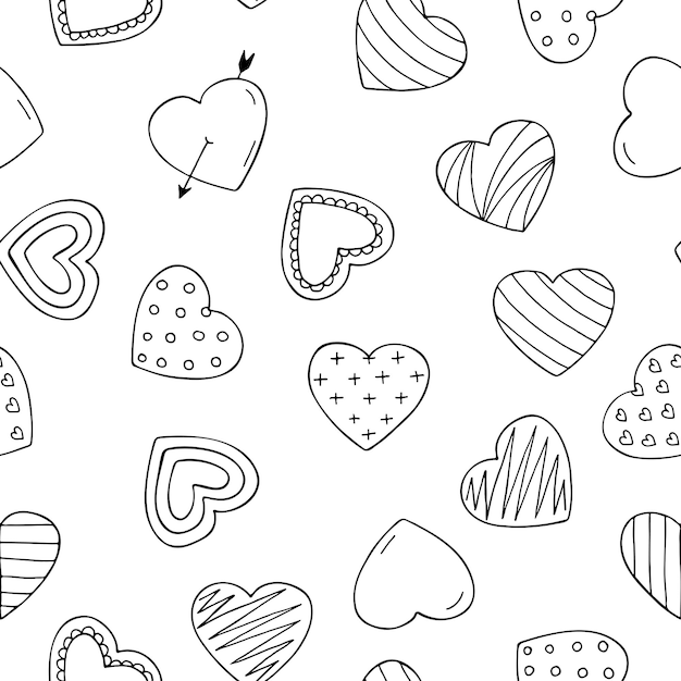 Seamless valentine hearts pattern in doodle style Hand drawn vector illustration