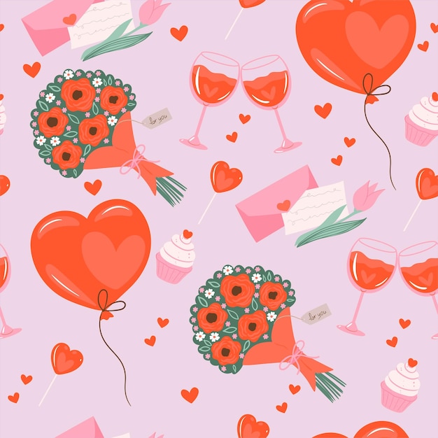 Seamless valentine s day pattern with bouquets balloons glasses Vector graphics