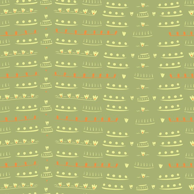Seamless vector autumnal floral striped pattern with yellow flowers and stripes on green khaki
