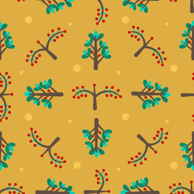 Seamless vector autumnal folklore pattern with green fur tree and red berry branch on dark yellow