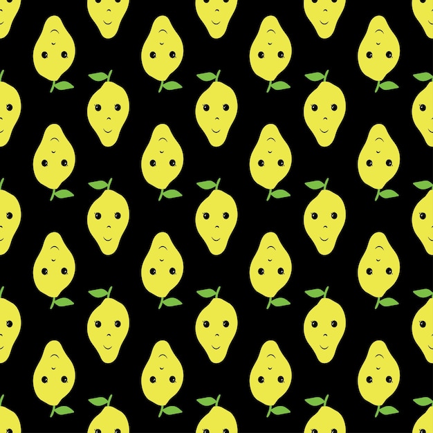 Seamless vector background Decorative pattern of funny cartoon style yellow lemon fruits on black