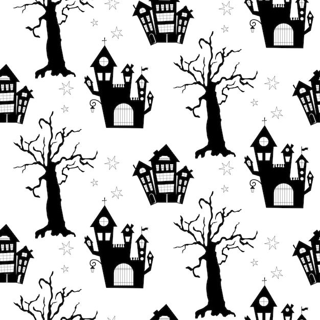 Seamless vector background for Halloween Castle tree stars on a white background