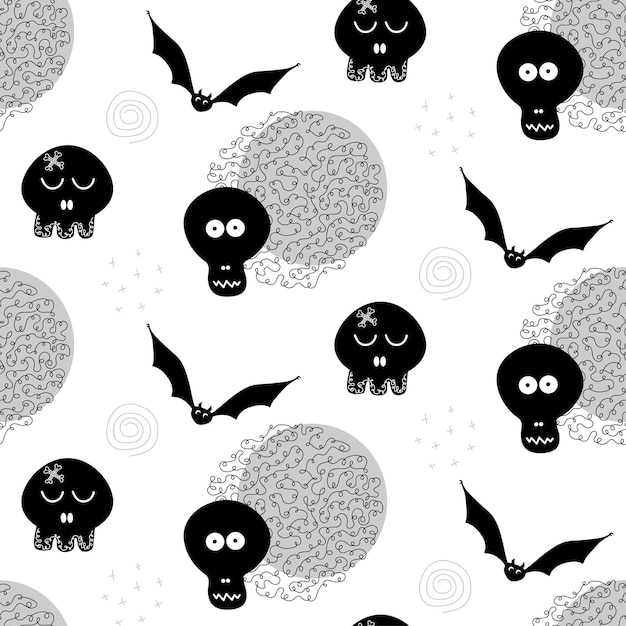 Бесшовный векторный фон для хэллоуинских черепов и летучих мышей на белом фоне Скороговорка для дизайна