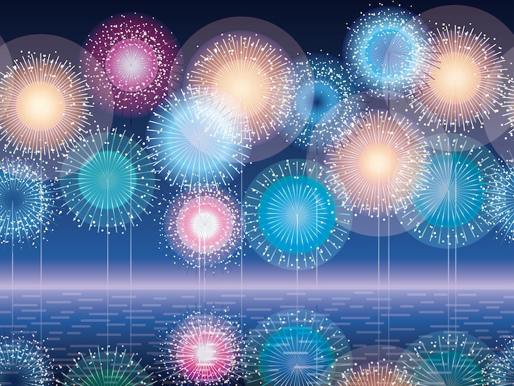 Vector seamless vector background with fireworks reflected on a water surface horizontally repeatable