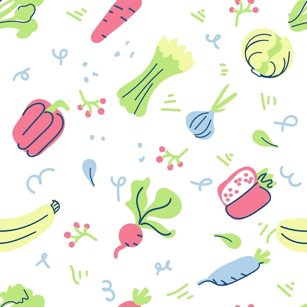 Seamless vector background with various fruits and vegetables