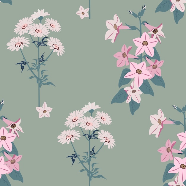 Seamless vector beautiful illustration with chamomile and campanula on a green background