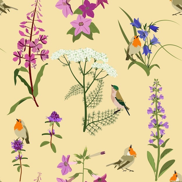 Seamless vector beautiful illustration with wildflowers and birds on a beige background For decoration of textiles packaging web design