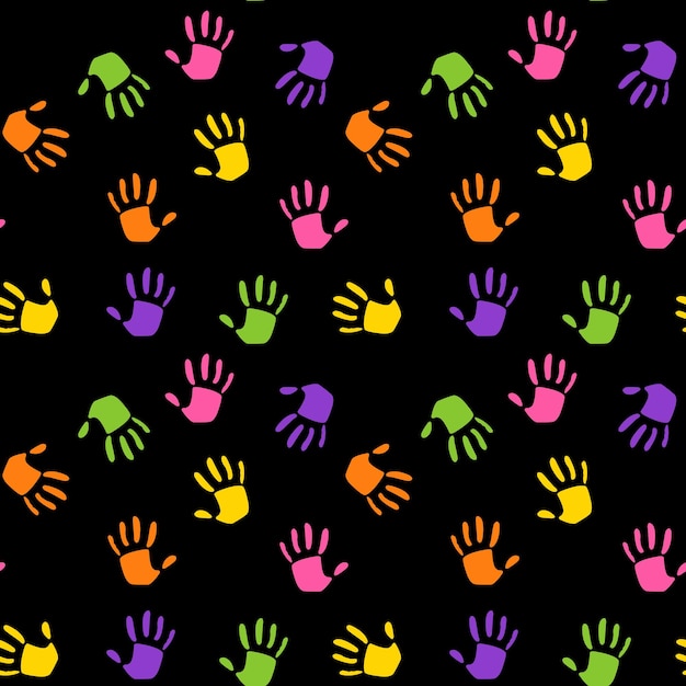 Vector seamless vector black background with multicolored hand prints
