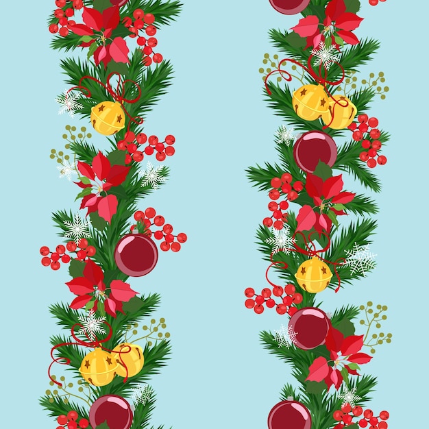 Seamless vector Christmas illustration with Poinsettia flowersspruce branch and christmas balls For decoration of textiles packaging and web design