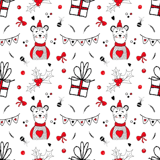 Seamless vector Christmas pattern with Christmas ball tiger garland rowan gift bow spruce