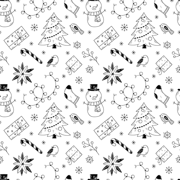 Vector seamless vector christmas pattern with gifts toys snowmen socks and christmas trees drawn in doodle style