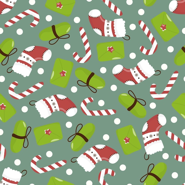 Seamless vector christmas pattern with sugar cane envelope gift box and christmas sock in a hand