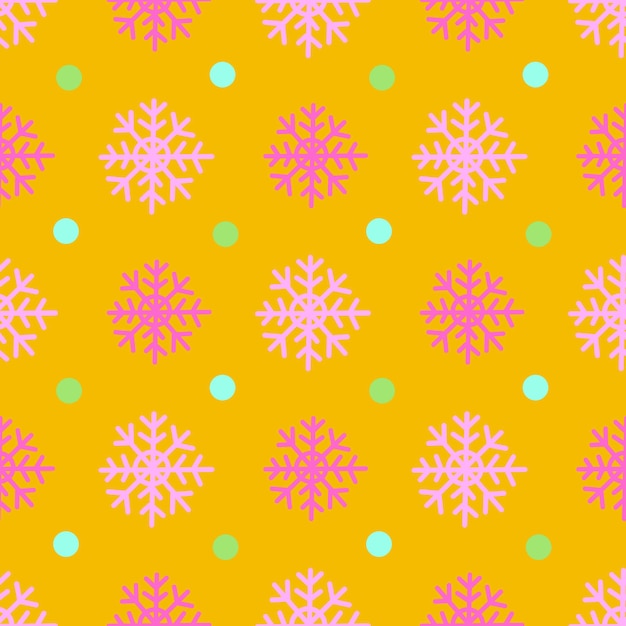 Seamless vector christmas snow flakes pattern. Yellow winter background. Seasonal magic gift paper