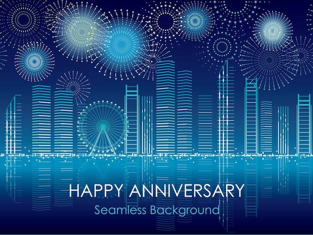 Seamless Vector Cityscape With Celebration Fireworks. Horizontally Repeatable.