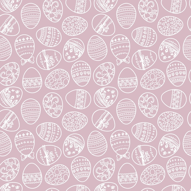 Seamless vector easter pattern with eggs on pink background in doodle style outline illustration for backstop or wallpaper