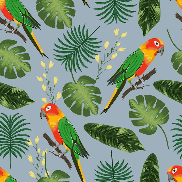 Seamless vector floral summer pattern background with tropical palm leaves monstera and parrot