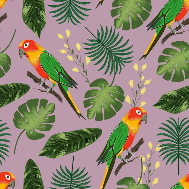 Vector seamless vector floral summer pattern background with tropical palm leaves monstera and parrot