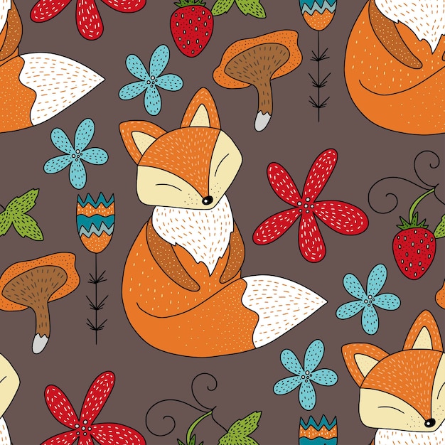 Seamless vector forest pattern with cute color illustrations