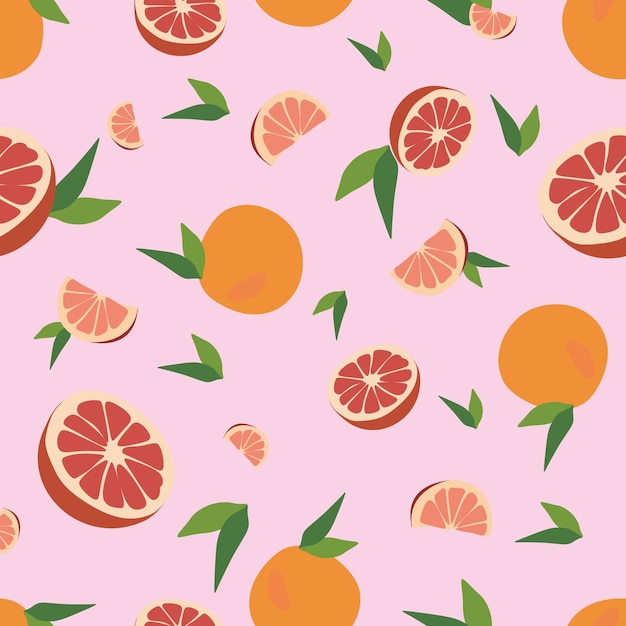 Seamless Vector grapefruit pattern Summer flat background Tropical fruit isolated on pink backdrop